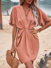 Pleated Solid Color Split-Joint Loose Raglan Sleeve Deep V-Neck Mini Dresses